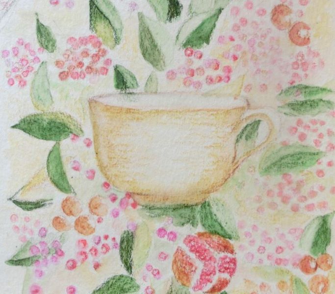 水彩色鉛筆画の紙がふやける　コーヒーカップの絵
