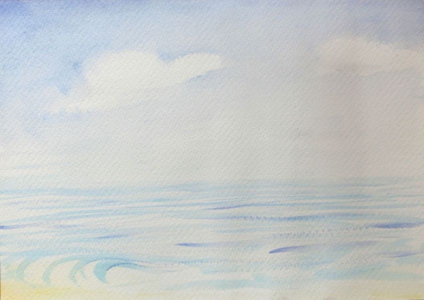 水彩色鉛筆画の紙がふやける　海の絵