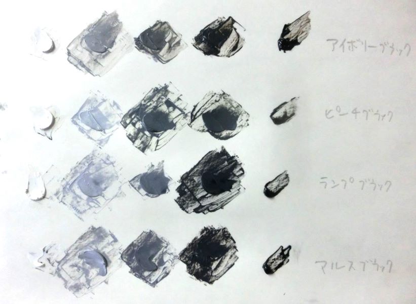 油絵の具 黒の種類と違いは白を混ぜると分かり易い
